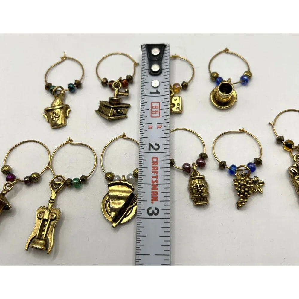 LOT of 10 Vintage Wine Glass Charms Gold Tone Metal Variety Themes
